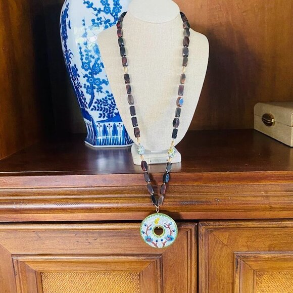 Vintage Cloisonné Ping An Kou Pendant Necklace With Red Tigers Eye Beads 30" - Picture 3 of 6